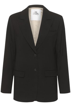Blazer negro con solapas en pico, diseño de una sola fila de botones, dos bolsillos frontales y dos botones. El interior cuenta con un forro de color crema.