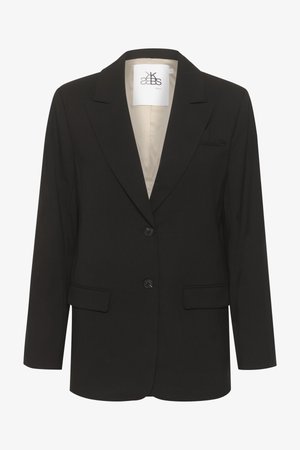 Melna žakete ar iecirtumu, vienkrūšu dizains, divas priekšējās kabatas un divi pogas. Iekšpusē ir krēma krāsas oderējums.