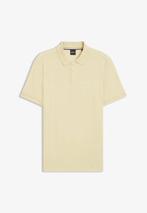 Beige short-sleeve polo shirt with two buttons, a collar, and small "BOSS" logo on the left chest.