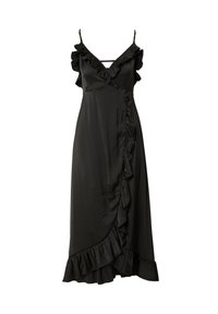Schwarzes Satin-Kleid mit V-Ausschnitt, Rüschendetails am Ausschnitt und Saum, mit einem Wickeldesign und Knopfverzierungen an der Seite.