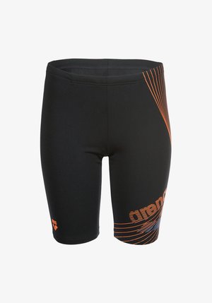 Pantaloncini compressivi neri realizzati in tessuto elastico, con linee diagonali arancioni e design del logo sul lato inferiore sinistro.