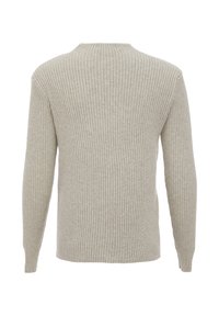 Maglione a coste beige con scollatura a girocollo, maniche lunghe e silhouette aderente, caratterizzato da una finitura texture su tutta la superficie.