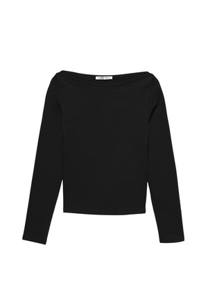 Črna dolga majica z odkrito ramensko obliko, izdelana iz gladke tkanine. Ponaša se s prilegajočo se obliko in preprostim, minimalističnim videzom.