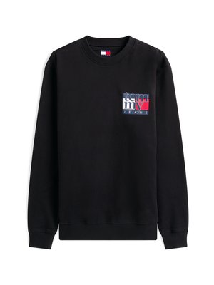 Svart sweatshirt i en bomullsblandning, med rund halsringning och långa ärmar, prydd med en färgglad logotyp på framsidan. Mjuk textur.