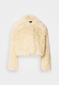 Korte nepbontjas in een zachte crème kleur. Beschikt over een cropped ontwerp, een shaggy textuur en lange mouwen. Geen zichtbare sluitingen.