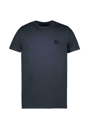Donkerblauwe katoenen t-shirt met een ronde hals, korte mouwen en een cirkelvormig zwart logo op de linkerkant van de borst. Gladde textuur.