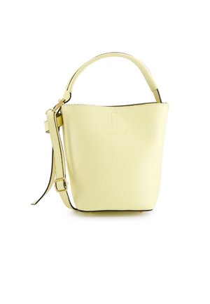 Sac seau en cuir jaune clair avec poignée courte, bandoulière ajustable et logo Venezia embossé subtil à l'avant.