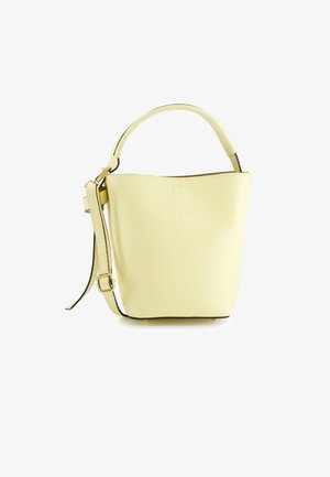 Sac seau en cuir jaune clair avec poignée courte, bandoulière ajustable et logo Venezia embossé subtil à l'avant.