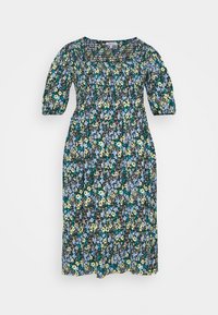 Kukallinen mekko lyhyillä puff-hihnoilla, mustalla taustalla ja monivärisillä kukilla sinisen ja keltaisen sävyissä. Rentoa istuvuutta ja polvimittainen pituus.