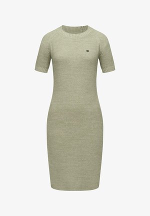 Sukienka dzianinowa w jasnym zielonym kolorze z okrągłym dekoltem, krótkimi rękawami i dopasowanym krojem. Posiada fakturowany materiał oraz mały emblemat na piersiach.