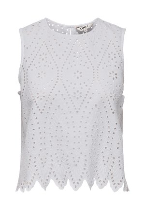 Bela brezrokavnica z izrezljanim vezenjem z diamanti in cvetličnimi vzorci. Valoviti rob in podrobnost z gumbom na hrbtni strani.