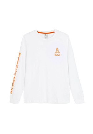 Biała koszulka z długim rękawem wykonana z bawełny, z pomarańczowym logo na klatce piersiowej i napisem "DiversExtremeTeam.com" na lewym rękawie.