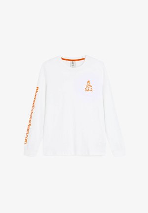 Biała koszulka z długim rękawem wykonana z bawełny, z pomarańczowym logo na klatce piersiowej i napisem "DiversExtremeTeam.com" na lewym rękawie.