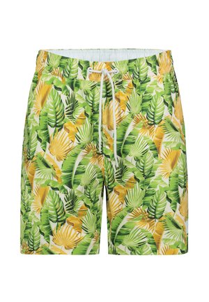 Men’s swim shorts with green and yellow tropical leaf print and white adjustable drawstring waistband.
