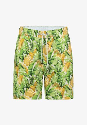 Herren-Badeshorts mit grün-gelbem tropischem Blattmuster und weißem, verstellbarem Kordelzugbund.