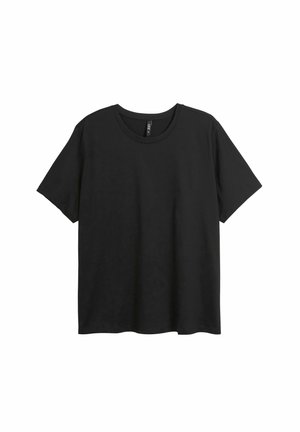 Sort bomulds-T-shirt med rund halsudskæring, korte ærmer og løs pasform. Glat tekstur, uden mønstre og med minimal detaljering.