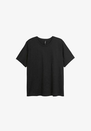 Sort bomulds-T-shirt med rund halsudskæring, korte ærmer og løs pasform. Glat tekstur, uden mønstre og med minimal detaljering.