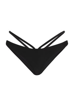 Sort bikini bund med et minimalistisk design, der har tynde sidebånd og en glat tekstur. Kompakt, V-formet snit for dækning.