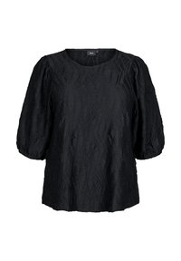 Black blouson top with textured wave pattern, round neckline, and puff sleeves. Made from lightweight fabric, it has a relaxed fit.
