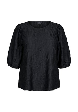 Black blouson top with textured wave pattern, round neckline, and puff sleeves. Made from lightweight fabric, it has a relaxed fit.
