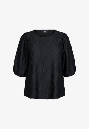 Schwarzes Blouson-Oberteil mit strukturiertem Wellenmuster, rundem Ausschnitt und Puffärmeln. Hergestellt aus leichtem Stoff hat es eine lockere Passform.