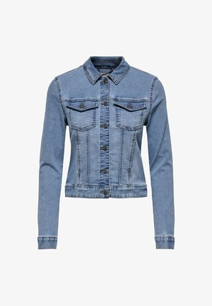 Svijetlos plava traper jakna s oštrim kragnom, dugim rukavima, dva džepa na prsima i središnjim zatvaranjem na gumb. Naglašene su oštećene šavove.