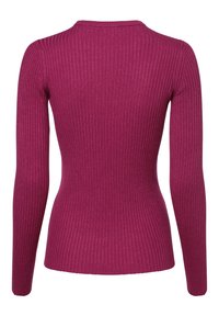 Sweter z długim rękawem, prążkowany, w głębokim odcieniu magenty. Posiada okrągły dekolt i dopasowany krój, podkreślający fakturę i kontur.