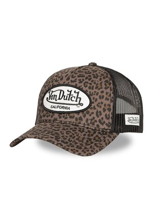 Casquette trucker Von Dutch imprimé léopard marron et noir avec dos en mesh et patches logo à l’avant et sur le côté.