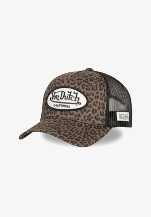 Casquette trucker Von Dutch imprimé léopard marron et noir avec dos en mesh et patches logo à l’avant et sur le côté.