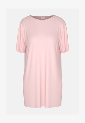 Lyserød kortærmet T-shirt med rund hals, lavet af blødt stof, med en løs pasform uden synlige mønstre eller accenter.