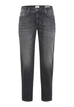 Herren Straight-Leg Jeans in dunklem Grau, gewaschen, mit vorderem Knopf und Reißverschluss sowie Fünf-Taschen-Design.