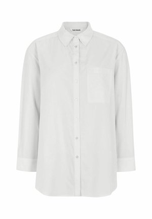 Chemise blanche à boutons, en coton, avec un col plat, des manches longues, une poche poitrine unique et un ourlet droit. Texture lisse.
