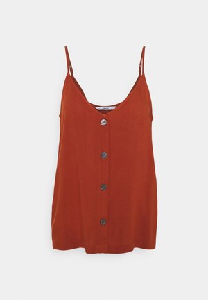 Cami-top in roestrood, gemaakt van lichtgewicht stof. Heeft een V-hals, dunne bandjes en knopen aan de voorkant met een gladde textuur.