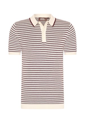 Gestreiftes Poloshirt mit cremefarbenen und burgunderfarbenen horizontalen Streifen, kurzen Ärmeln, einer Knopfleiste mit drei Knöpfen und einem gerippten Kragen.