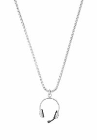 Zilveren ketting met een miniatuur hoofdtelefoon hanger in zilver met zwarte accenten. De hoofdtelefoon heeft een microfoon die eraan bevestigd is.