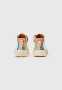 Barns iriserende høyhælte sneakers med beige såler og tan indre fôr, sett bakfra mot en enkel hvit bakgrunn.