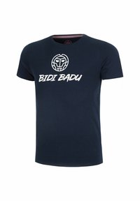 T-shirt in cotone blu navy con scollo rotondo e maniche corte, decorata con una grafica bianca che include il testo "BIDI BADU" e un logo.