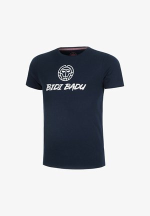 T-shirt in cotone blu navy con scollo rotondo e maniche corte, decorata con una grafica bianca che include il testo "BIDI BADU" e un logo.