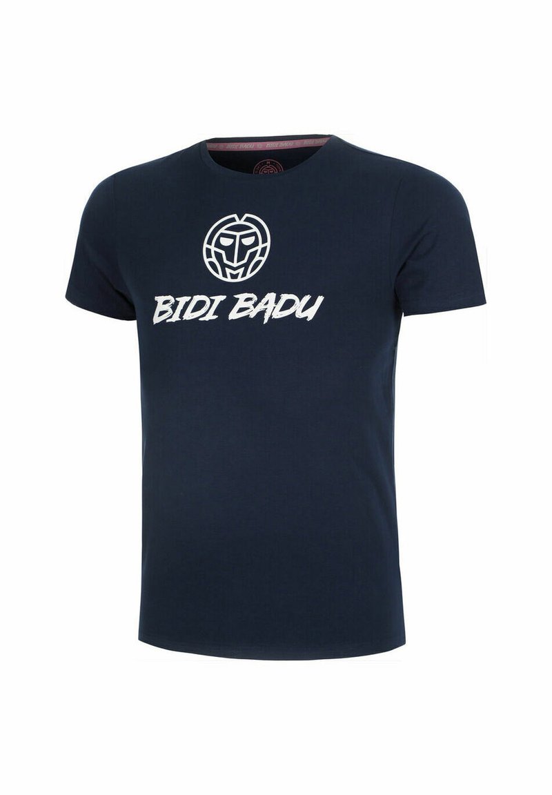 T-shirt in cotone blu navy con scollo rotondo e maniche corte, decorata con una grafica bianca che include il testo "BIDI BADU" e un logo.