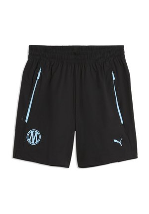 Schwarze Sportshorts mit elastischem Bund, hellblauen Reißverschlusstaschen und hellblauen Puma- und kreisförmigen Logos auf den Vorderseiten.
