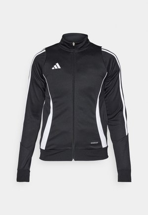 Black athletic jacket with a high collar, white side stripes, zip closure, and "AEROREADY" branding on the lower hem. Smooth fabric texture.