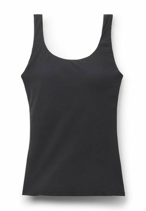 Schwarzes ärmelloses Tanktop mit breiten Trägern und rundem Ausschnitt, flach auf einem weißen Hintergrund liegend.