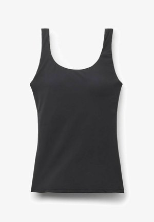 Schwarzes ärmelloses Tanktop mit breiten Trägern und rundem Ausschnitt, flach auf einem weißen Hintergrund liegend.