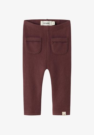 Bordowe legginsy o miękkiej fakturze, z dwiema tylkami kieszeniami, dopasowanym krojem i małą metką logo przy dolnym brzegu. Zaprojektowane dla dzieci.