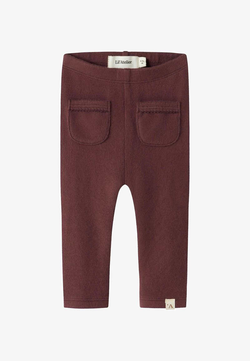 Bordowe legginsy o miękkiej fakturze, z dwiema tylkami kieszeniami, dopasowanym krojem i małą metką logo przy dolnym brzegu. Zaprojektowane dla dzieci.
