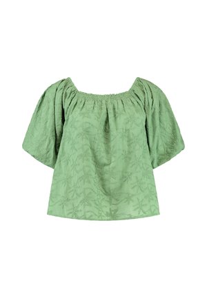 Žalia bluzelė su kvadratiniu iškirpimu, trumpomis pūstomis rankovėmis ir tekstūriniais lapų raštais visame paviršiuje. Minkšta medžiaga su laisvu kirpimu.
