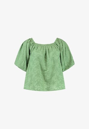 Žalia bluzelė su kvadratiniu iškirpimu, trumpomis pūstomis rankovėmis ir tekstūriniais lapų raštais visame paviršiuje. Minkšta medžiaga su laisvu kirpimu.