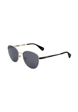 Occhiali da sole stile aviatore con sottili montature dorate, aste nere con logo MAX&Co. e lenti grigio scuro.