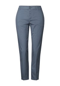 Pantaloni grigi slim-fit realizzati in tessuto leggero. Hanno una chiusura con bottone e passanti per cintura; texture liscia senza motivi.