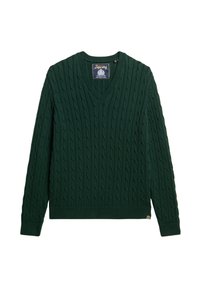 Dark green cable-knit V-neck sweater with long sleeves and ribbed cuffs, hem, and neckline, displayed flat on a white background.